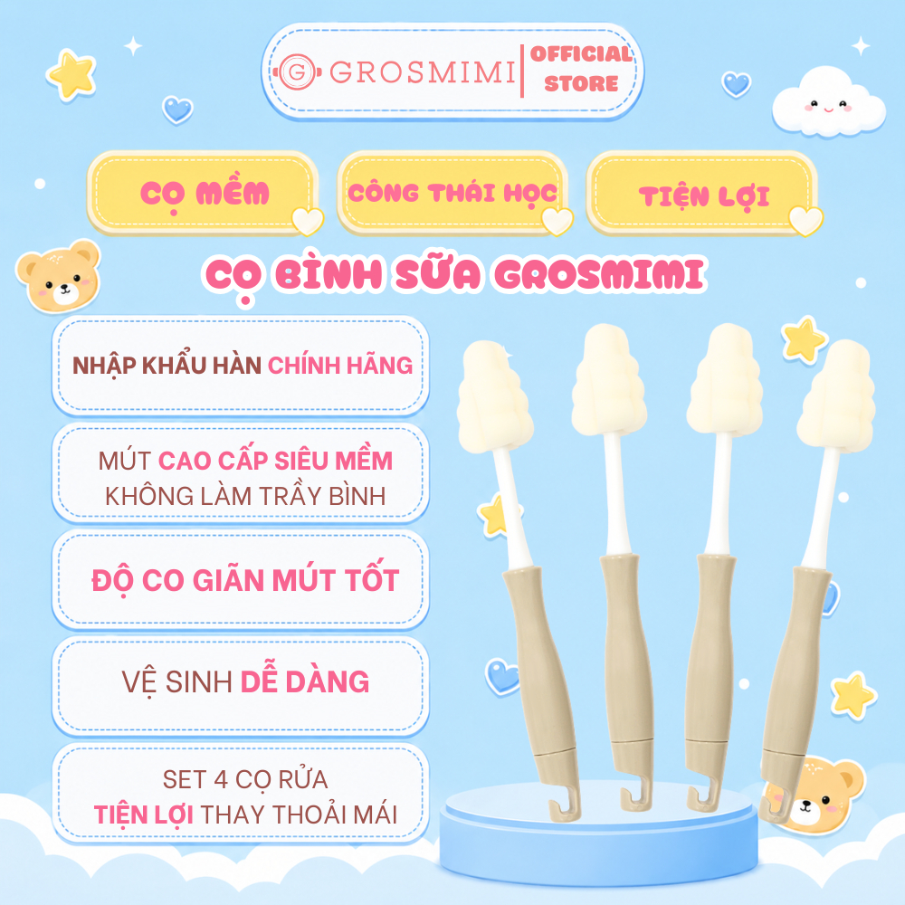Set Cọ Núm, Bình Grosmimi - Bộ Cọ Rửa Đa Năng - Nhập Khẩu Chính Hãng Từ Hàn