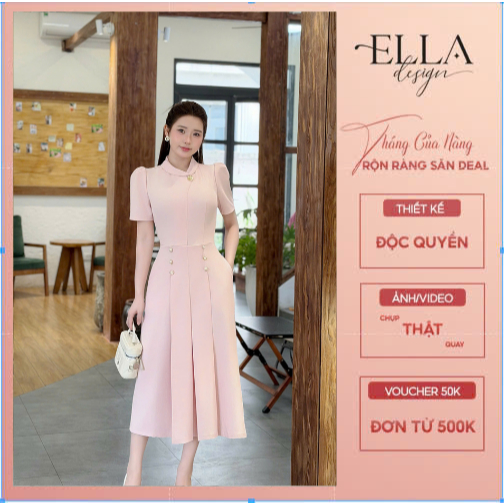 Váy Đầm Thiết Kế Ella Desgin dành cho nữ kiểu dáng váy midi xòe, tay ngắn, cổ bèo phối hàng cúc ngọc