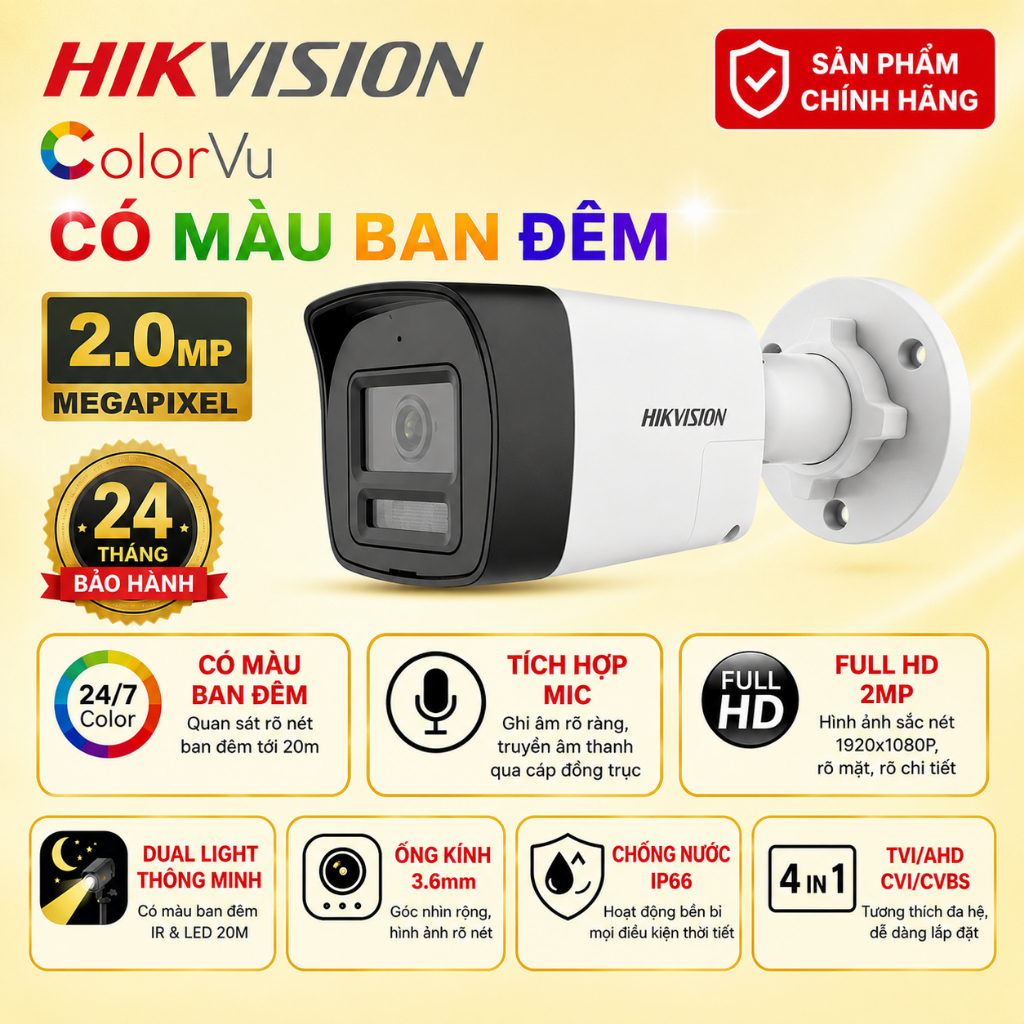 Camera HIKVISION ANALOG 2MP DS-2CE16D0T/78D0T-LTS Có Hồng Ngoại, Có Màu, IP67, Hàng Chính Hãng, Bảo 