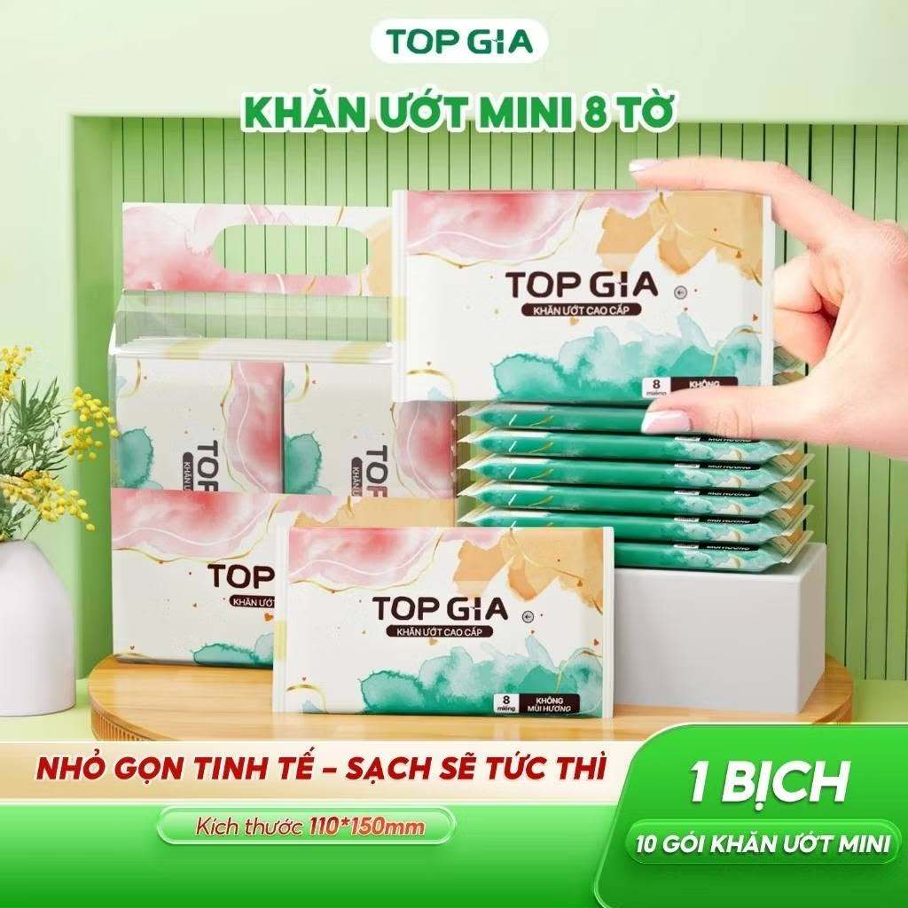 [Quà tặng] 10 gói khăn ướt bỏ túi mini thương hiệu Top Gia Ban mai 8 tờ/gói, nhỏ gọn dễ mang theo