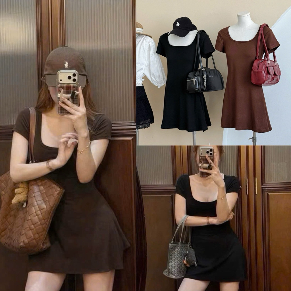 Váy Zip Basic Dáng Ngắn Cổ Vuông Size S M- Halinh Shop - Váy Zip Xinh Body Dáng Ngắn