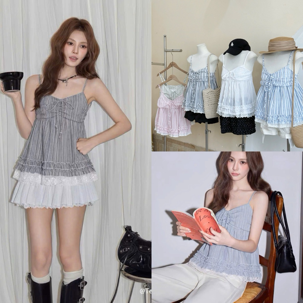Áo 2 Dây Kẻ Nhún Ngực Gấu Ren Phối Voan Bèo - Halinh Shop - Áo Dây Nữ Mặc Hè Siêu Mát Cute