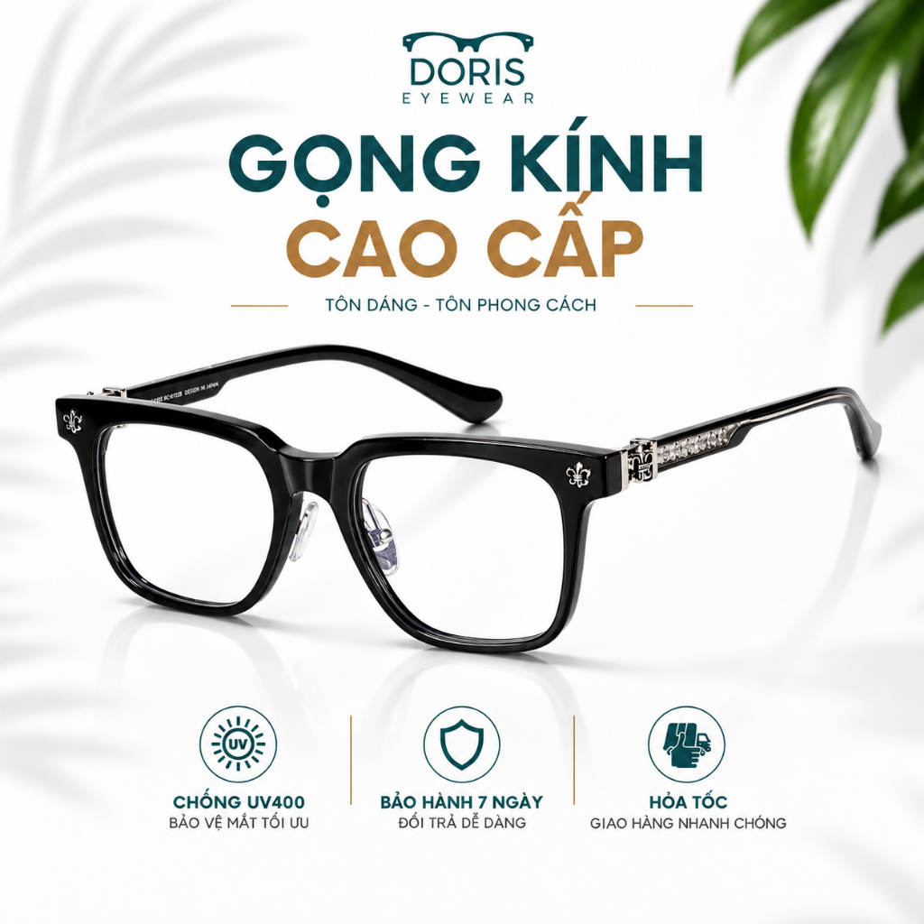Mắt Kính Vuông CH8138 Cao Cấp Bản Lề Kim Loại Thời Trang Nam Nữ - Phiên Bản Đen Bạc Sang Trọng Doris