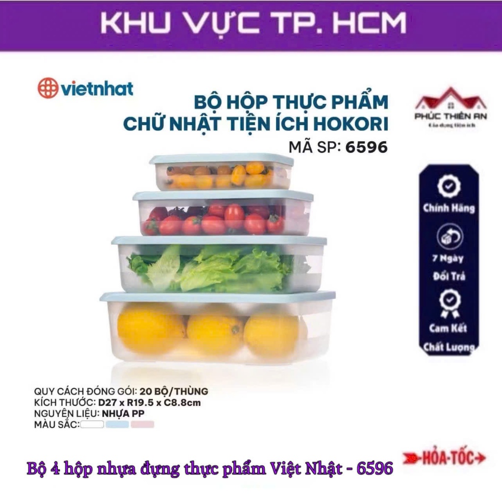 [6596 - Việt Nhật] Bộ 4 hộp nhựa chữ nhật đựng thực phẩm, bảo quản thực phẩm lạnh nhiều kích cỡ, có 