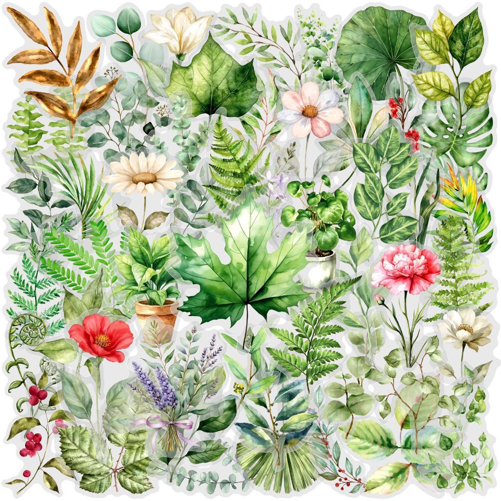 Set 10/20/50 cái sticker chống nước trong suốt HOA LÁ CỎ XANH MƯỚT WATERCOLOR 2 dán mũ bảo hiểm vali