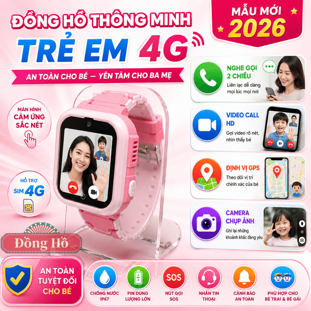 Đồng Hồ Thông Minh Trẻ Em K407 4G Có Camera Gọi Video GPS Định Vị SOS Nghe Gọi 2 Chiều Khe SIM Trò Chơi