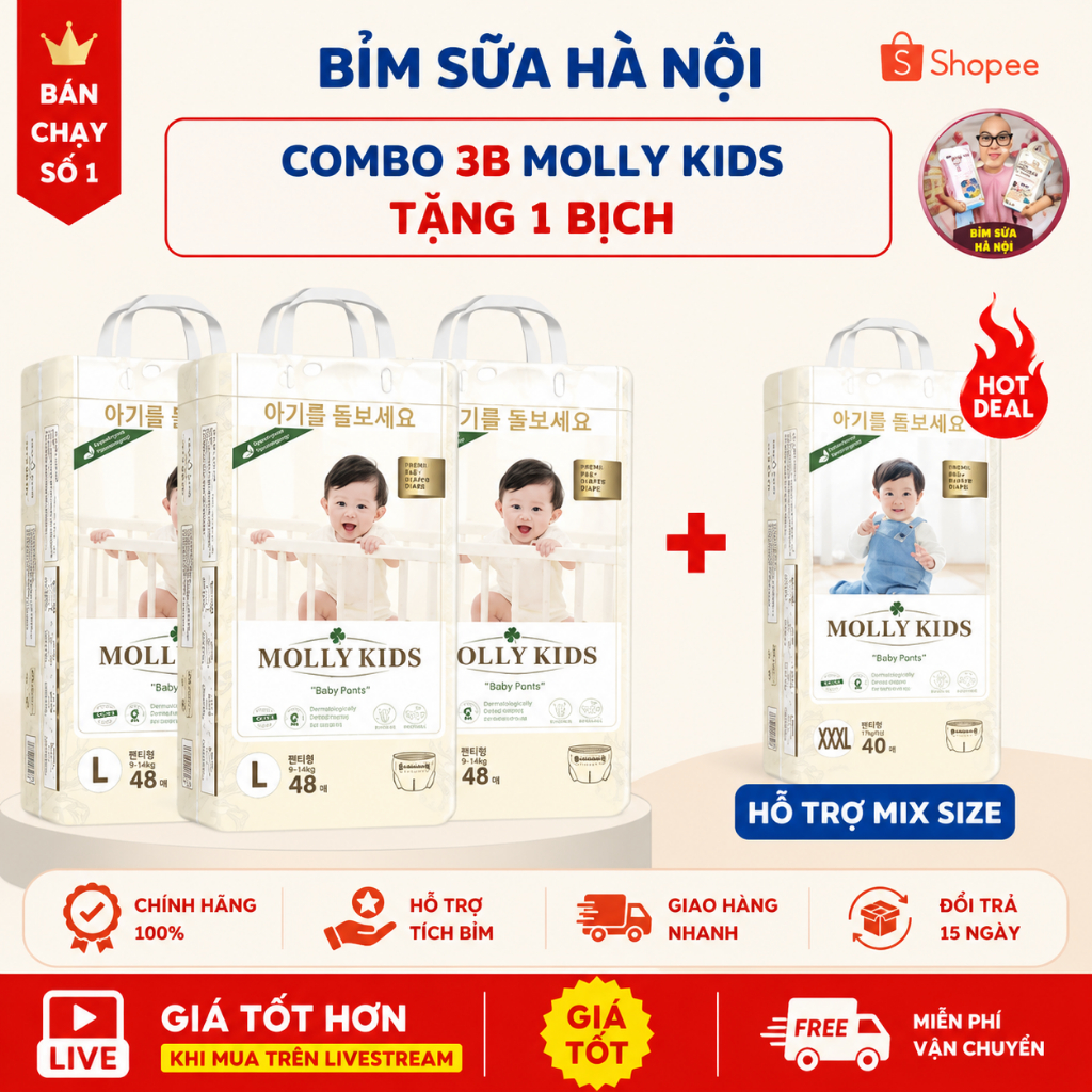 [COMBO 3B] MOLLY KIDS TẶNG 1B MOLLY KIDS Công Nghệ Hàn Quốc Dán/Quần Đủ Size S62>>4XL38