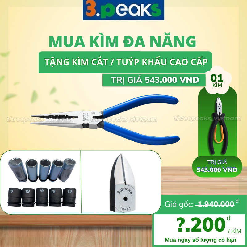 Kìm mũi nhọn BR-150G-S Three Peaks, kìm cắt mỏ nhọn đa năng 3peaks nhập khẩu Nhật Bản