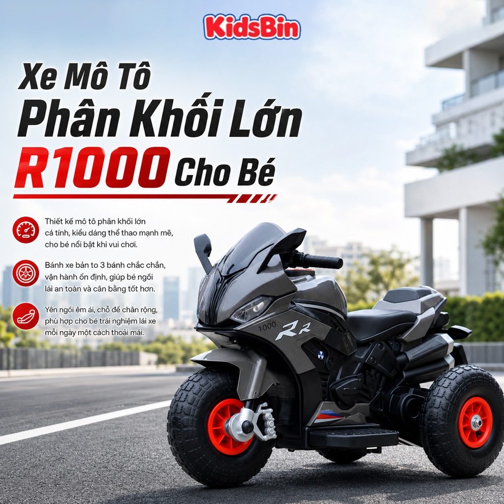 Xe Mô Tô Cho Bé R1000, Kiểu Dáng Thể Thao, Chống Lật Tốt Khi Đi Dạo Ngoài Sân