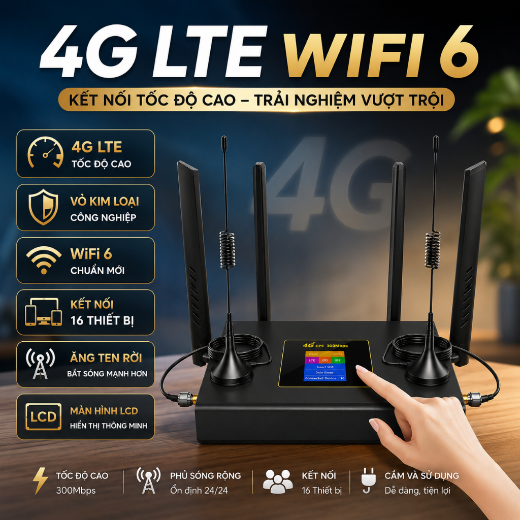 Bộ Phát WiFi 6 Từ SIM 4G Có Màn Hình LCD | Ăng Ten SMA Rời | Vỏ Kim Loại | Router 4G LTE R611 Ultra