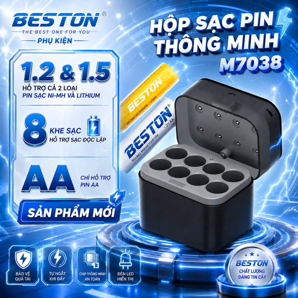 Hộp sạc pin Beston M7038 dành cho cả pin AA 1.2V và 1.5V đèn thông báo sạc tiện lợi theo dõi