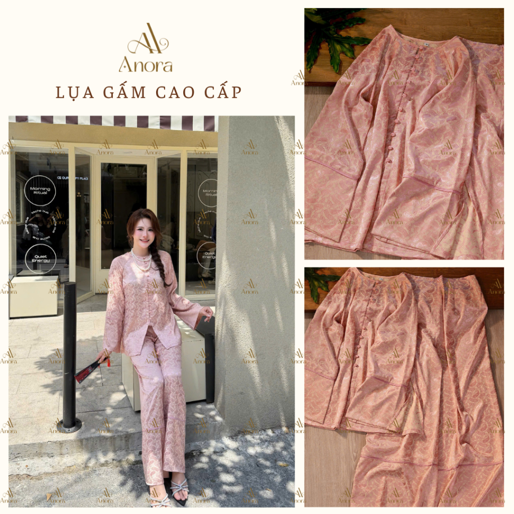 Set đồ pháp phục, đồ lam màu hồng đào gấm cao cấp, sang chảnh dáng suông rộng đi lễ, đi chơi - ANORA