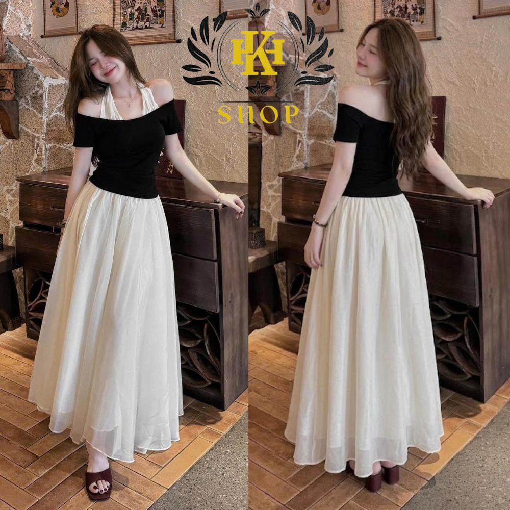 Set Váy Nữ - Set Áo Trễ Vai Cổ Yếm Mix Chân Váy Maxi Voan Tơ 2 Lớp Tôn Dáng Che Khuyết Điểm HK Shop9720 | BigBuy360 - bigbuy360.vn