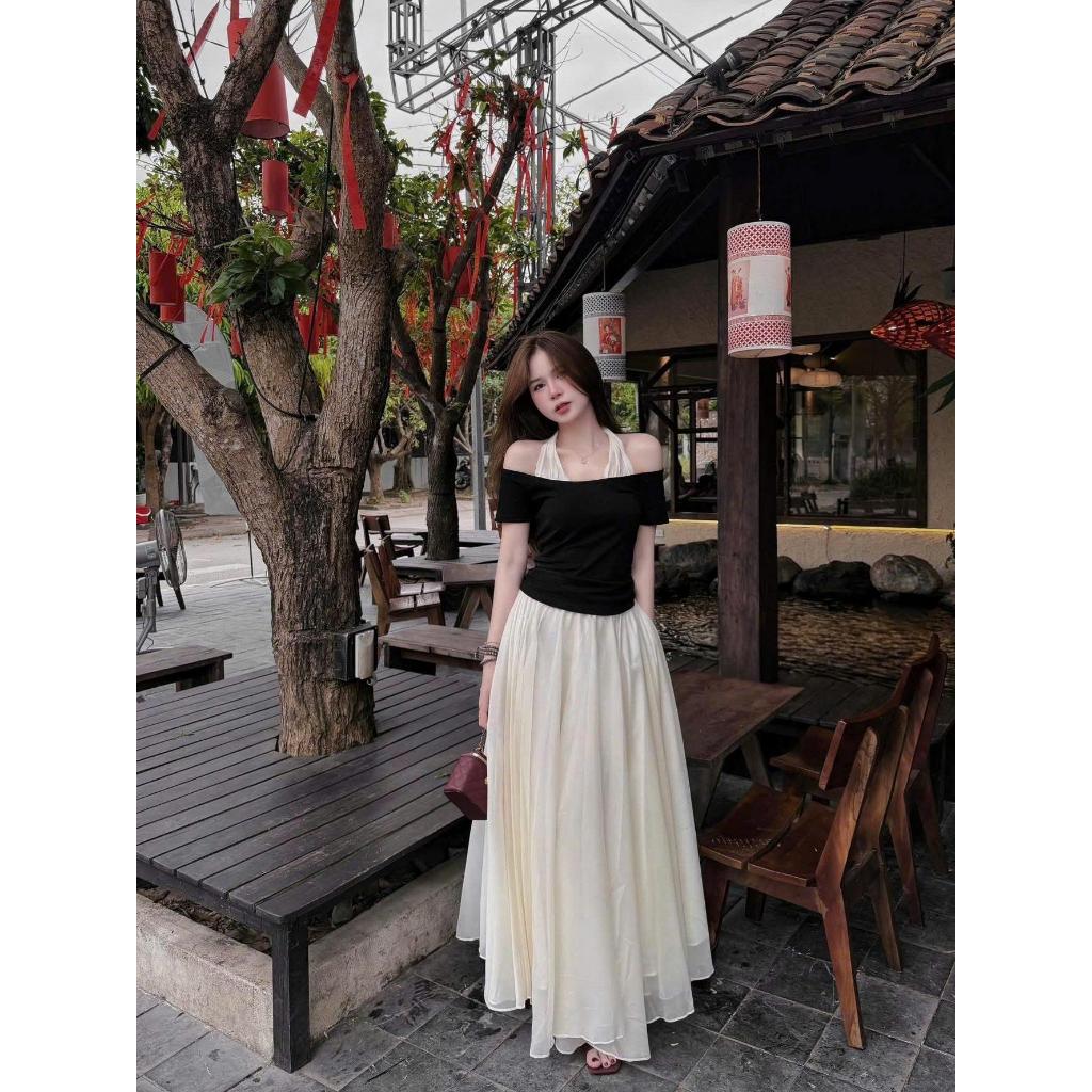 Set Váy Nữ - Set Áo Trễ Vai Cổ Yếm Mix Chân Váy Maxi Voan Tơ 2 Lớp Tôn Dáng Che Khuyết Điểm HK Shop9720 | BigBuy360 - bigbuy360.vn