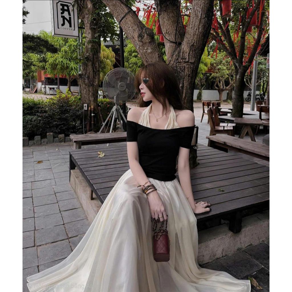 Set Váy Nữ - Set Áo Trễ Vai Cổ Yếm Mix Chân Váy Maxi Voan Tơ 2 Lớp Tôn Dáng Che Khuyết Điểm HK Shop9720 | BigBuy360 - bigbuy360.vn