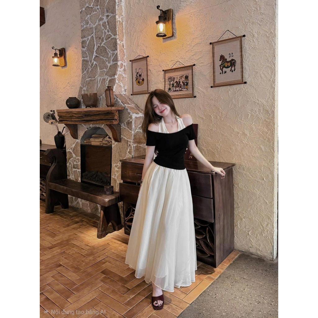 Set Váy Nữ - Set Áo Trễ Vai Cổ Yếm Mix Chân Váy Maxi Voan Tơ 2 Lớp Tôn Dáng Che Khuyết Điểm HK Shop9720 | BigBuy360 - bigbuy360.vn