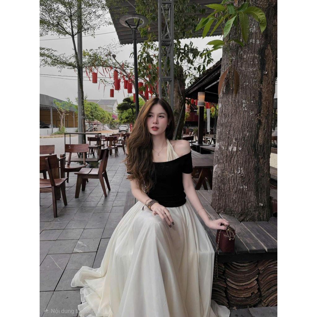 Set Váy Nữ - Set Áo Trễ Vai Cổ Yếm Mix Chân Váy Maxi Voan Tơ 2 Lớp Tôn Dáng Che Khuyết Điểm HK Shop9720 | BigBuy360 - bigbuy360.vn
