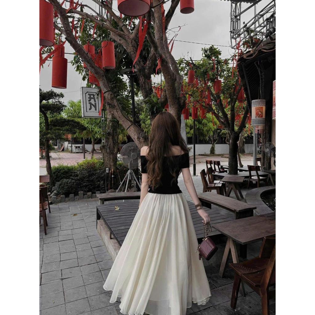 Set Váy Nữ - Set Áo Trễ Vai Cổ Yếm Mix Chân Váy Maxi Voan Tơ 2 Lớp Tôn Dáng Che Khuyết Điểm HK Shop9720 | BigBuy360 - bigbuy360.vn