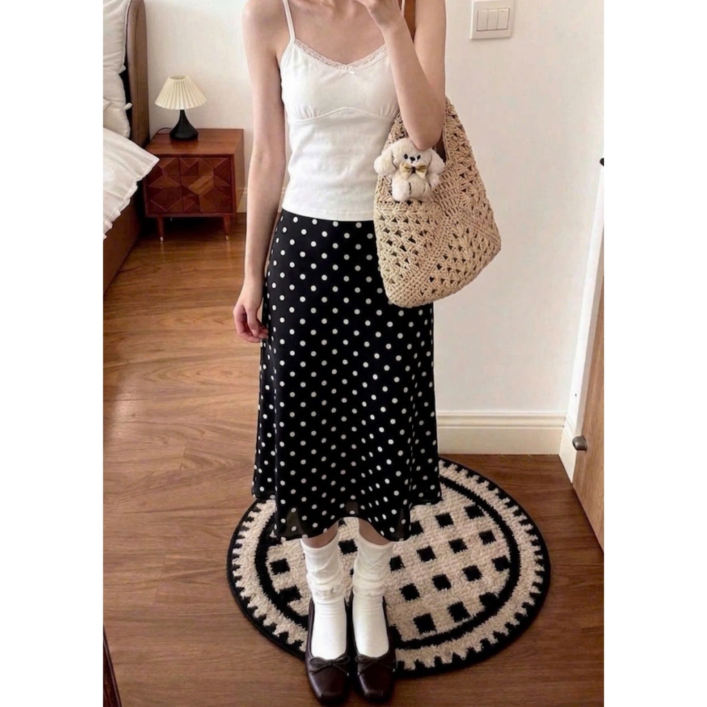Chân Váy Chấm Bi Dáng Lửng Nữ MINHU CLOTHES Màu Nâu Vintage - Chân Váy Cạp Cao Công Sở Đi Học Đi Chơi [CV04] | BigBuy360 - bigbuy360.vn