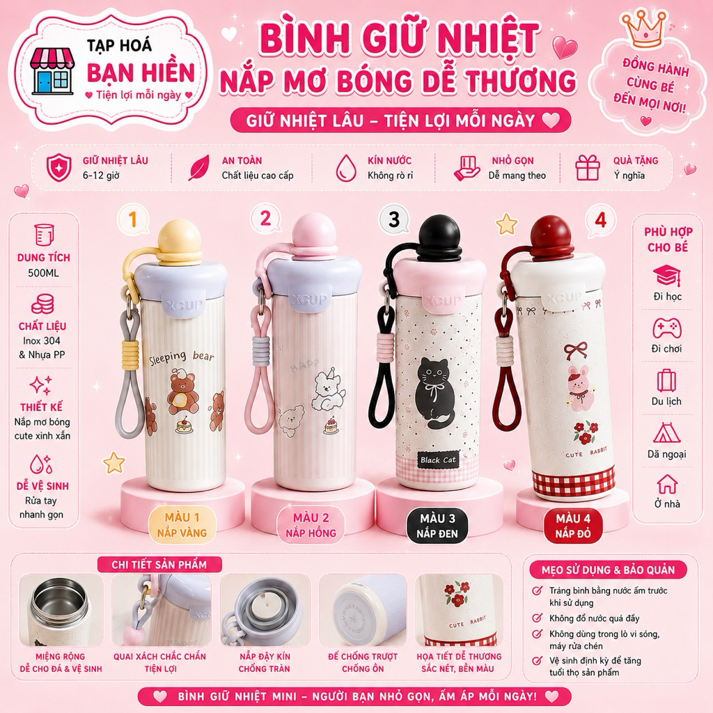 Xcup Bình Giữ Nhiệt 600ml Inox 316 Chống Gỉ Sét Phong Cách Hoạt Hình Dễ Thương
