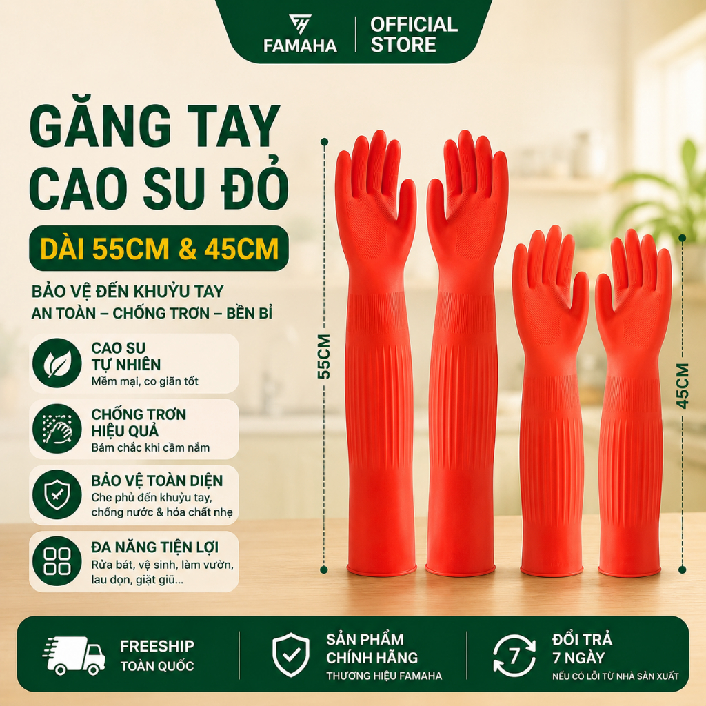 Găng tay cao su dài 55cm FAMAHA màu đỏ, chống hóa chất, bảo vệ da tay, dùng rửa chén lau dọn