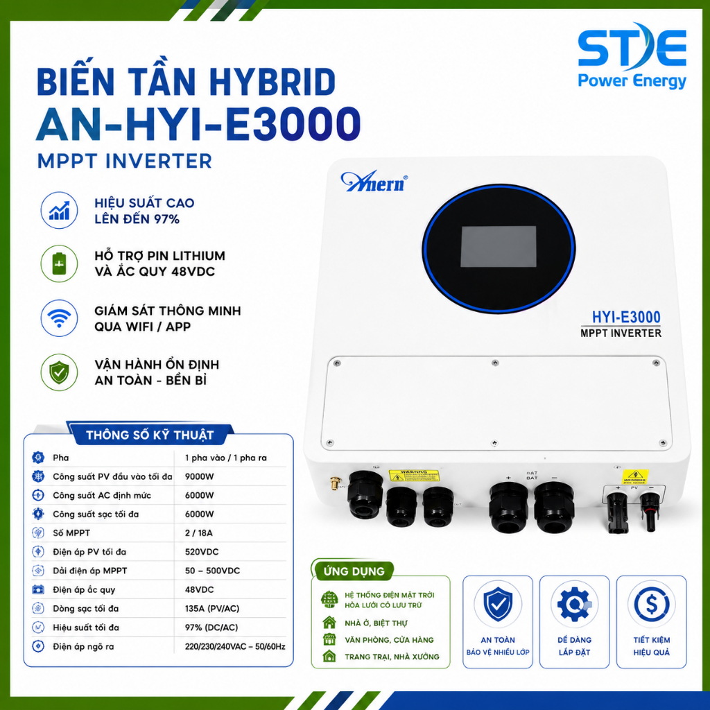 Inverter Hybrid AN-HYI-E3000 3KW 24V – Biến Tần Điện Mặt Trời MPPT 4500W PV-Phân Phối STE Power Ener