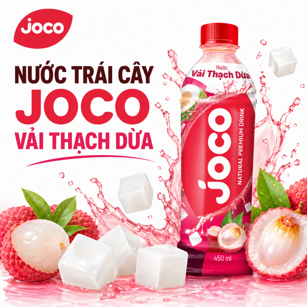 [HOẢ TỐC HCM] Nước Trái Cây JOCO Vải Thạch Dừa 450ml (Thùng 24 chai/Lốc 6 chai) (Date xa)
