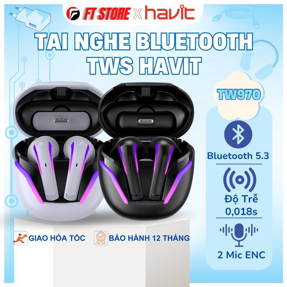 Tai Nghe TWS Havit TW970 Bluetooth 5.3 – Chip JL7006F8, Độ Trễ 18ms, Pin 45mAh + Dock 400mAh, Type-C