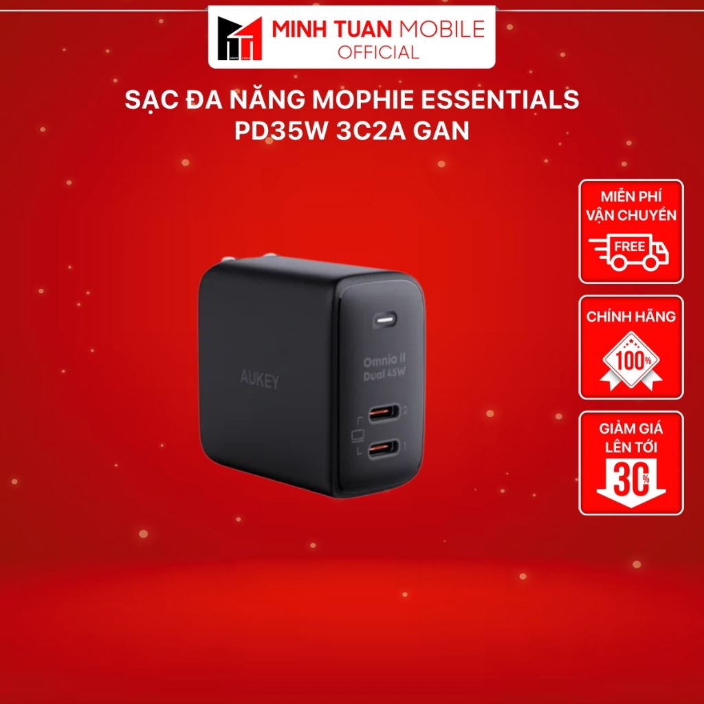 Củ sạc nhanh Aukey PA-B4T Sạc nhanh 2 cổng, chấu gập PD 45W
