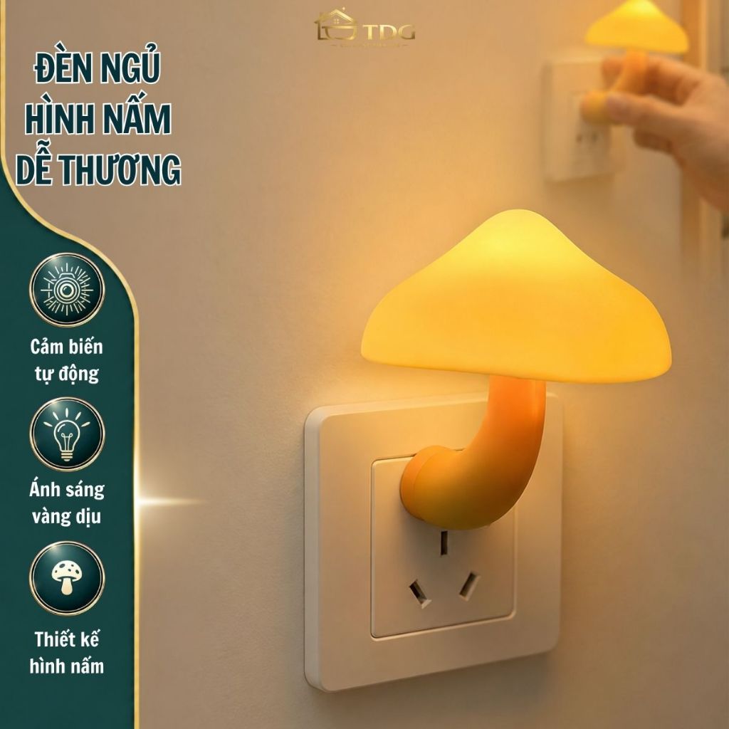 Đèn ngủ hình cây nấm TDG dèn ngủ cảm biến ánh sáng tự động bật tắt, ánh sáng vàng dịu nhẹ, trang trí