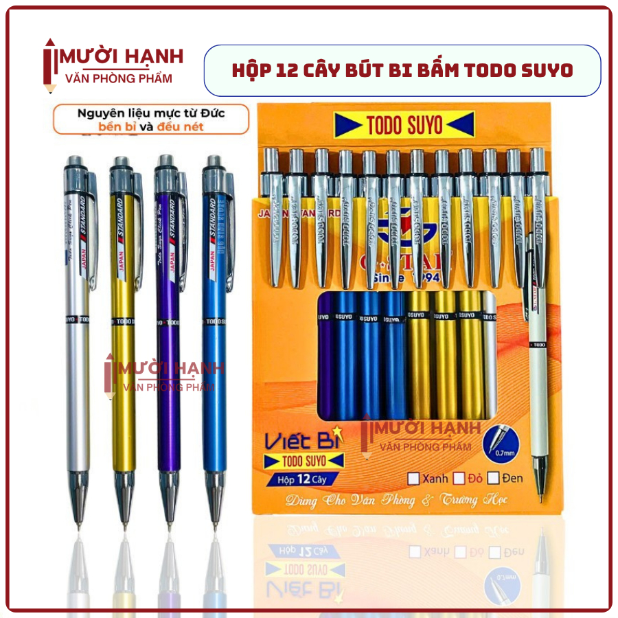 [TODO] HỘP 12 Cây Viết Bi Bấm / Bút Bi Bấm Todo Suyo Ngòi Bi 0.7mm Thụy Sĩ, Mực Xanh Của Đức, Mực Đề