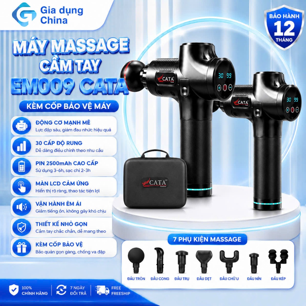 Súng massage cầm tay Cát Á EM009 30 mức độ rung, 7 Đầu Massage Màn LCD cảm ứng BH 12 Tháng