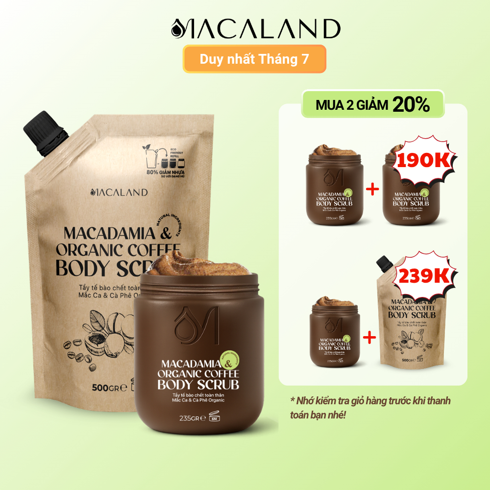 [M2G20%] Tẩy Tế Bào Chết Body Scrub Cà Phê Organic-Mắc Ca 235g/500g Macaland Dưỡng Ẩm Da Sáng Mịn
