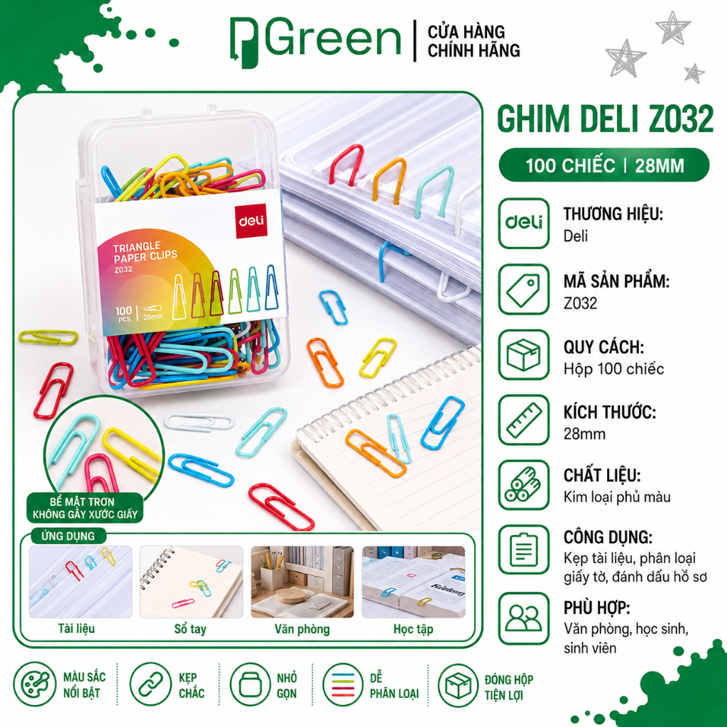 Ghim Vòng Deli Z032 – Kẹp Giấy Màu Hình Tam Giác 28mm, Hộp 100 Cái | PGREEN