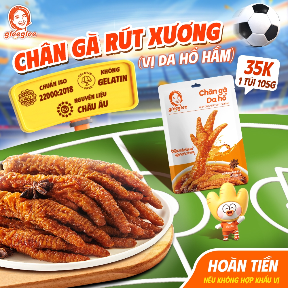 Chân Gà CÓ XƯƠNG GleeGlee DA HỔ Vị HẦM 105g Mềm Thơm Đậm Đà Ăn Liền Thịt Nhiều Chuẩn ISO 22000, Túi