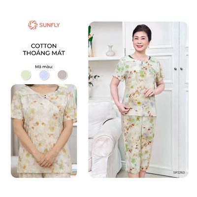 Đồ bộ mặc nhà trung niên nữ SUNFLY lanh mềm mát cho mẹ áo cộc quần ngố SP2263
