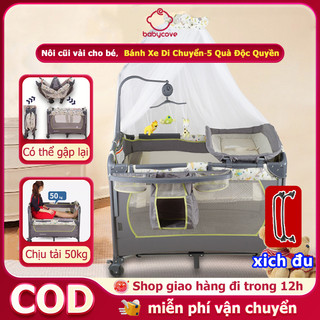 Cũi cho bé ĐA NĂNG,Gấp Gọn,Không cần cài đặt,Bánh Xe Di Chuyển, 5Quà Độc Quyền (Kệ Tã/Hộp Nhạc/Màn/Đệm/Giá Đựng)