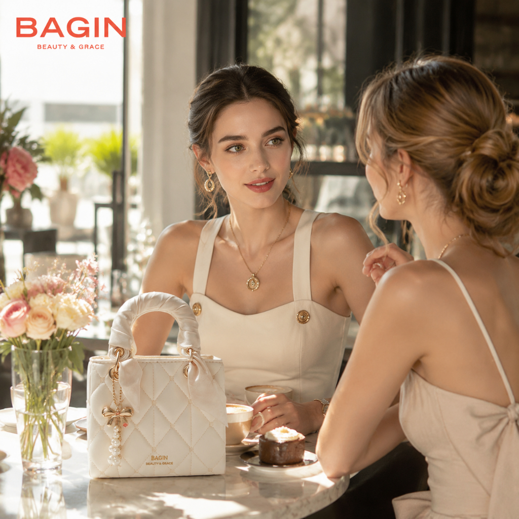 BAGIN （NEW）Túi Xách Nữ Bagin Dáng Vuông Da Trơn Bóng Tặng Kèm Khăn Lụa Móc Treo Ngày Lễ Quà Tặng