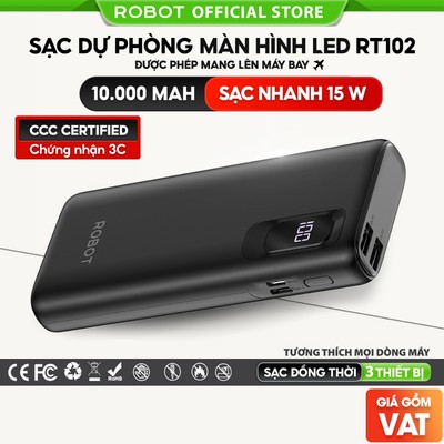 [Chúng chỉ 3C] Pin sạc dự phòng RT102 10.000mAh sạc nhanh 15W thiết kế đẹp