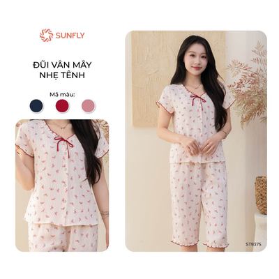 Bộ mặc nhà pijama nữ SUNFLY đũi vân mây mềm nhẹ áo cộc quần ngố ST9375