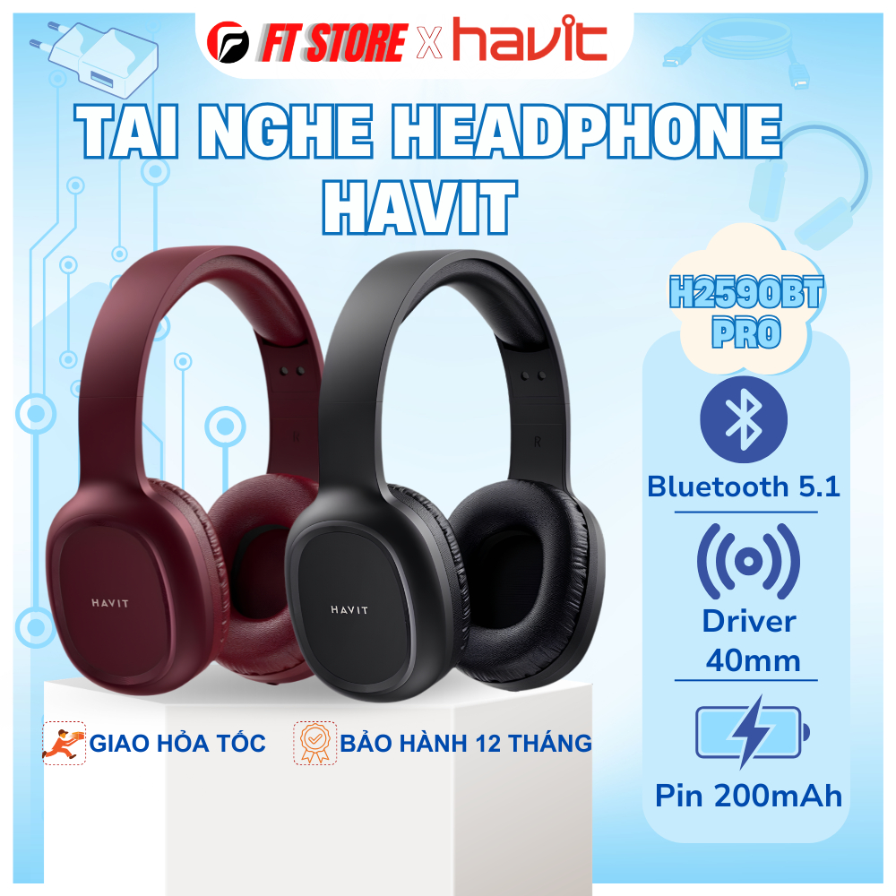 Tai Nghe Chụp Tai Havit H2590BT Pro Bluetooth 5.0 – Âm Thanh Stereo Sống Động, Pin Lâu, Kết Nối Nhan
