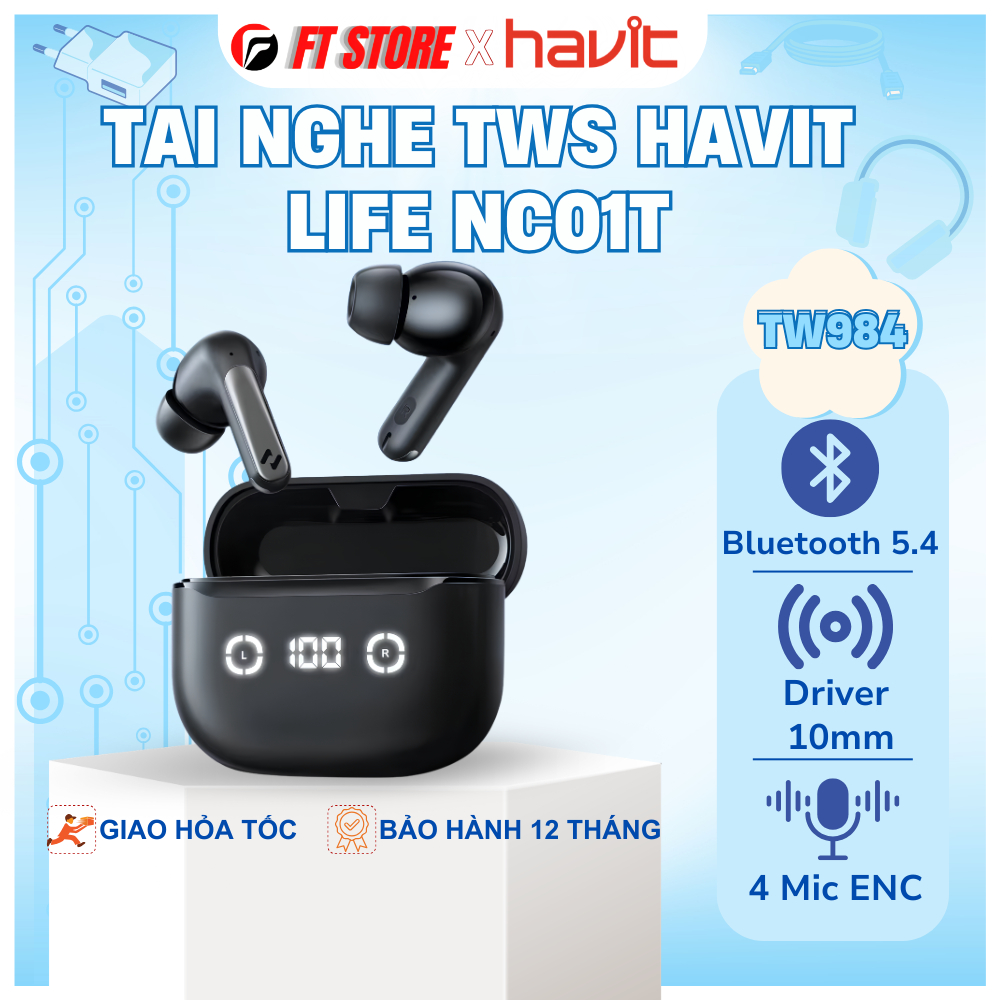 Tai Nghe TWS Havit Life NC01T TW984 Bluetooth 5.4, ENC 4 Mic, Pin 40mAh + Dock 420mAh, LED Display