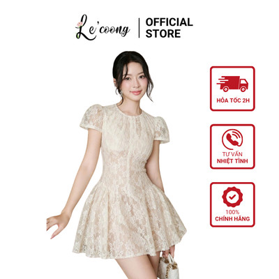 Váy Thiết Kế Tay Con Ren Hoa LECOONG V886 Váy Đẹp Màu Be Xòe Bồng Sang Chảnh