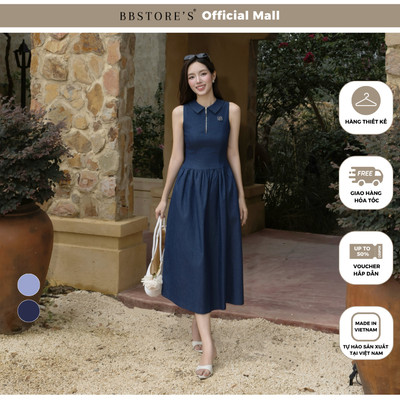 BBSTORE'S Đầm dạo phố linen dài xòe cổ sen nhọn khoá kéo sắt không tay - DAG41T