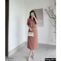 Set áo croptop cổ vest phối chân váy dáng dài vải trượt hàn co giãn A2148