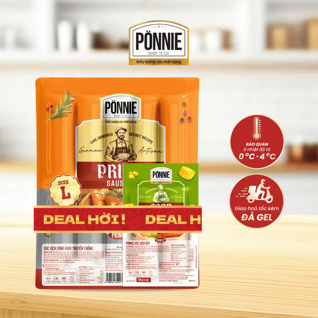[GIAO HÀNG HCM] Xúc xích thanh trùng Ponnie xông khói truyền thống 10cây x 50gr (tặng 2 XX thanh trù
