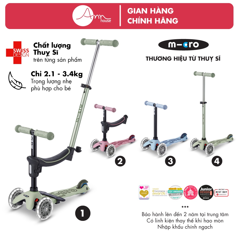 [Thuỵ Sĩ] Xe trượt scooter Micro Mini2grow 4in1 -  Trẻ 1 đến 6 - Đa tính năng - Bảo hành 2 năm