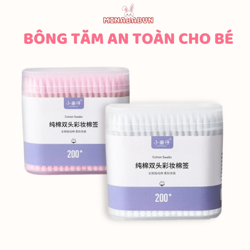 Hộp 200 que tăm bông ngoáy tai hai đầu bông ráy tai dùng một lần thiết kế đa chức năng tiện dụng Min