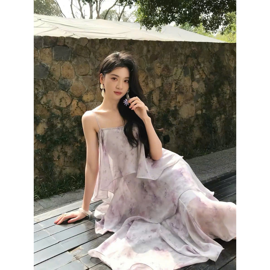 G&K - Đầm Maxi Hai Dây Voan Hoa Tím Pastel Cao Cấp - Lilac Breeze Dress