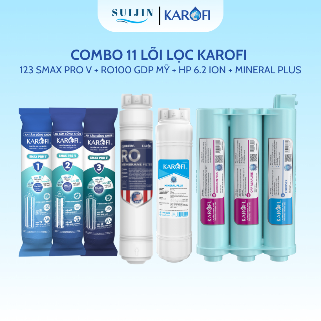 Combo 11 Lõi Lọc Karofi Gồm 123 Smax Pro V, RO Mỹ 3 Chấu, Min Plus, HP6.2 ION Cắm Nhanh Cho Model KA